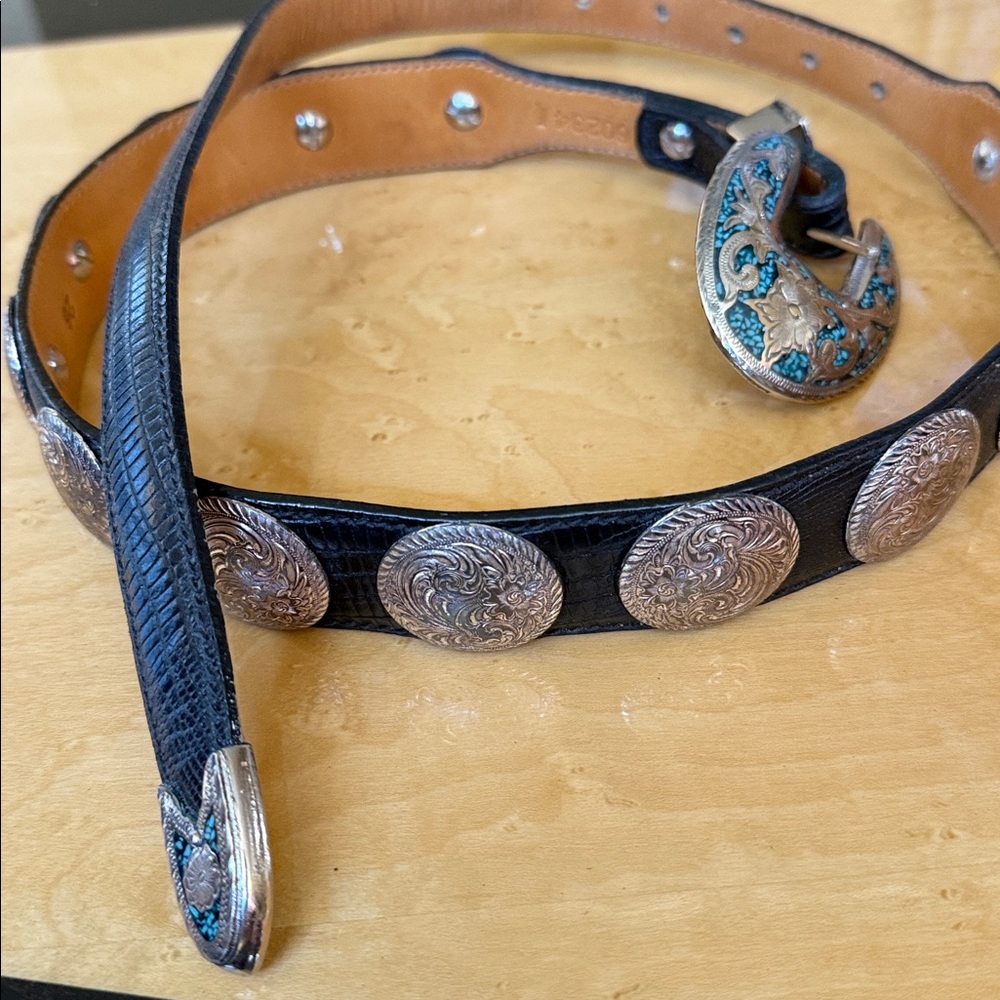 VTG. Al Berres Siver Embossed Elegant Black & Turquoise Embellished Belt Sz. 26 - Picture 3 of 9